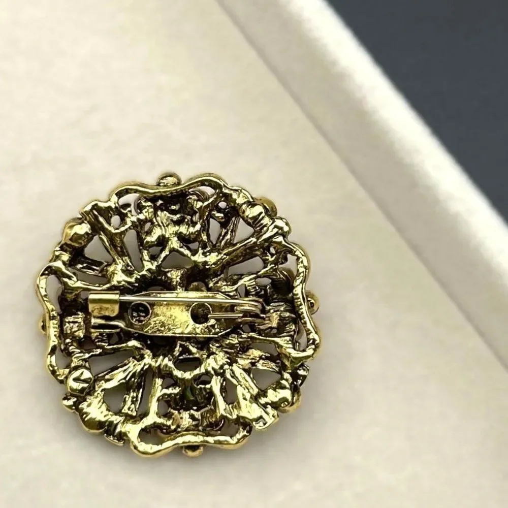 Yellow Gold with Ruby Red and Garnet Red Crystal Flower Pin Back Brooch